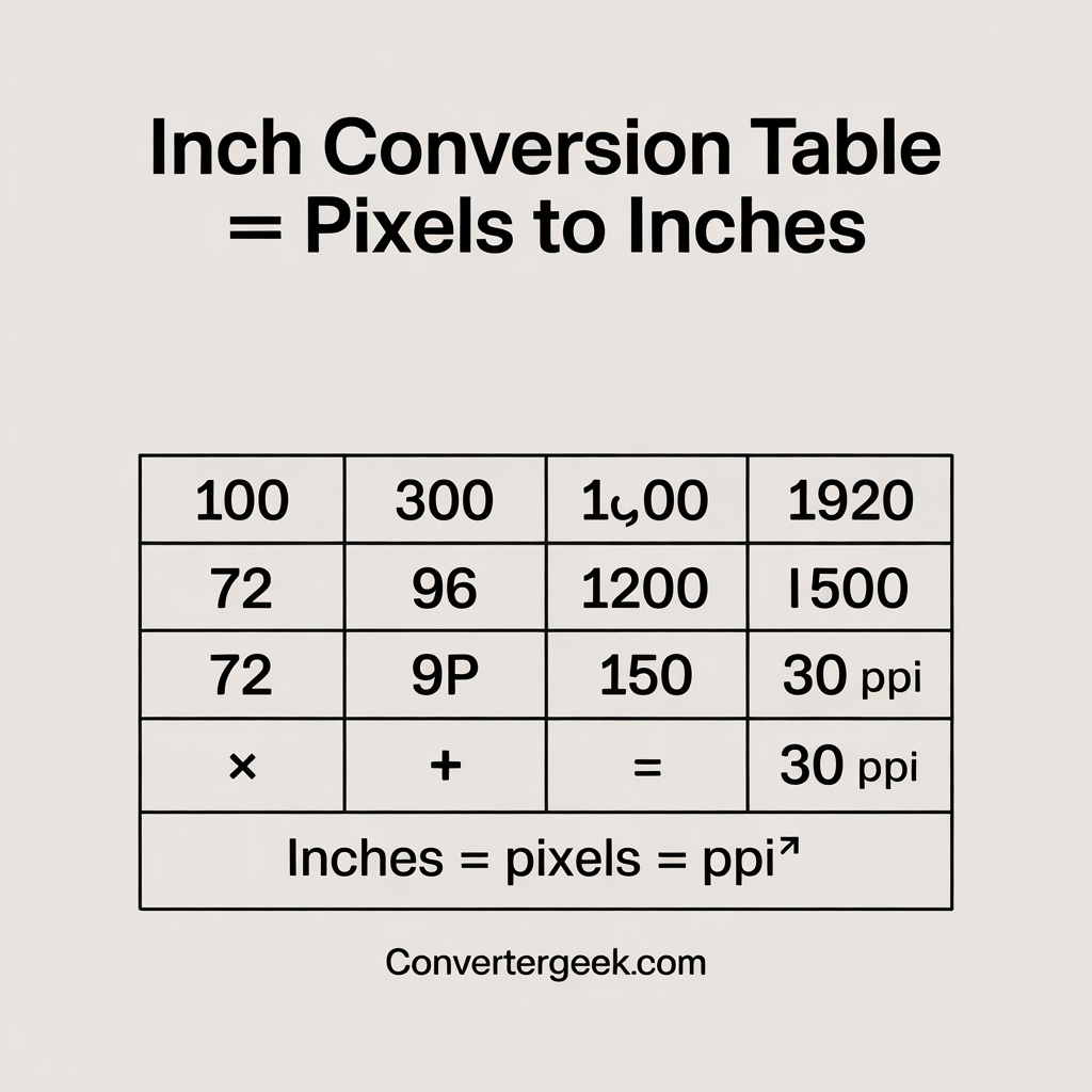 Quick inch conversion table showing pixels to inches at common PPI values