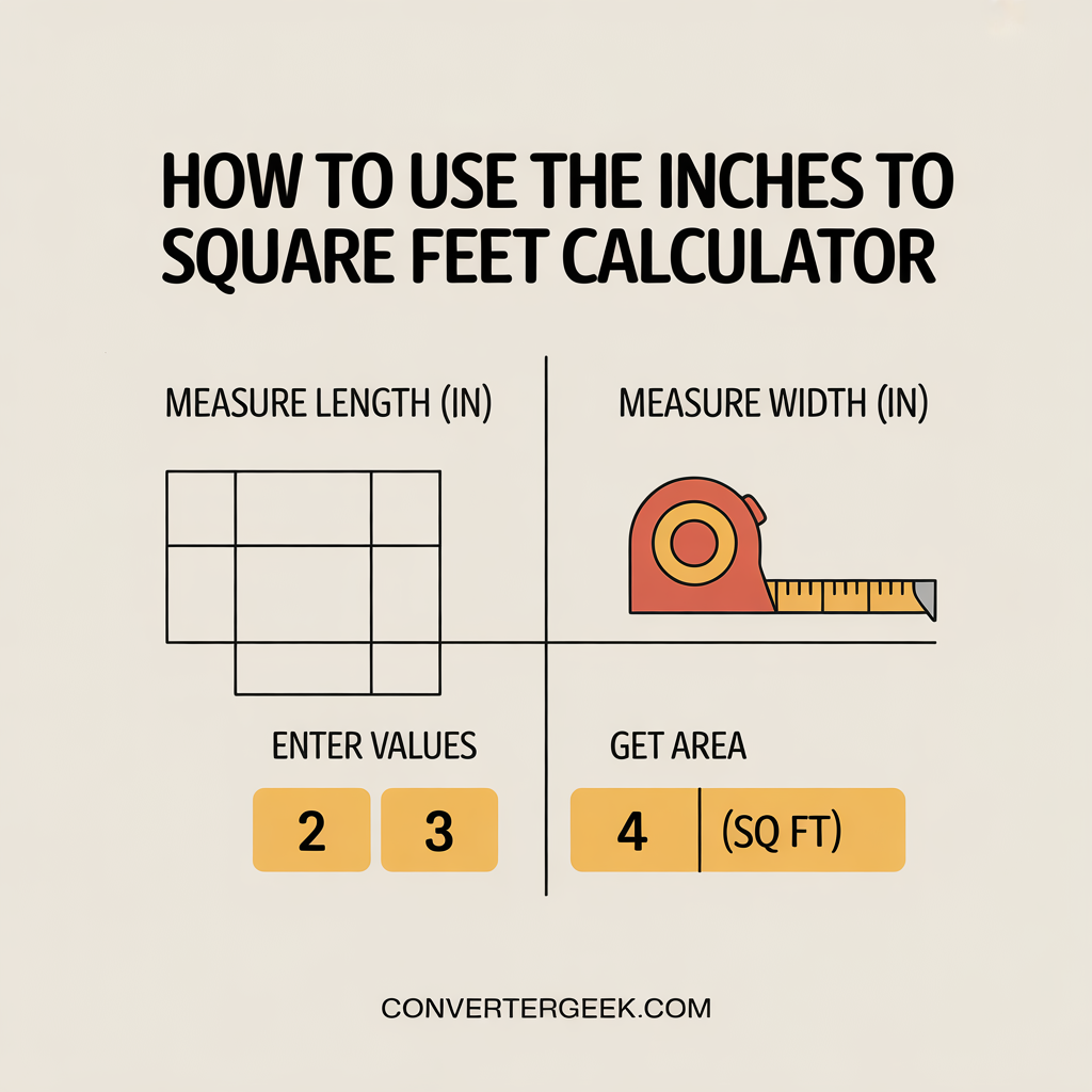 How to use an inches to square feet calculator step-by-step with length and width inputs and square feet output