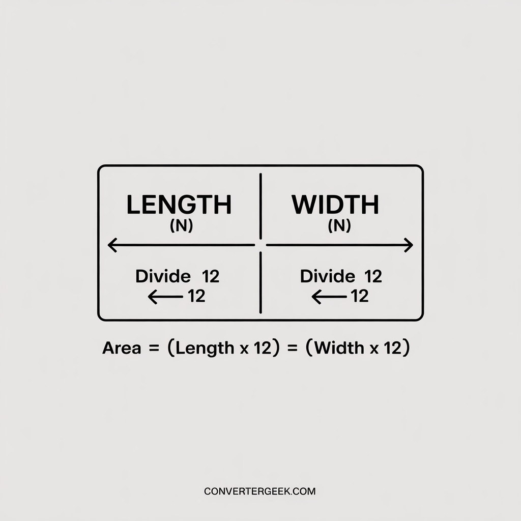 Inches to square feet calculator formula diagram showing inches-to-feet conversion and area in square feet calculation