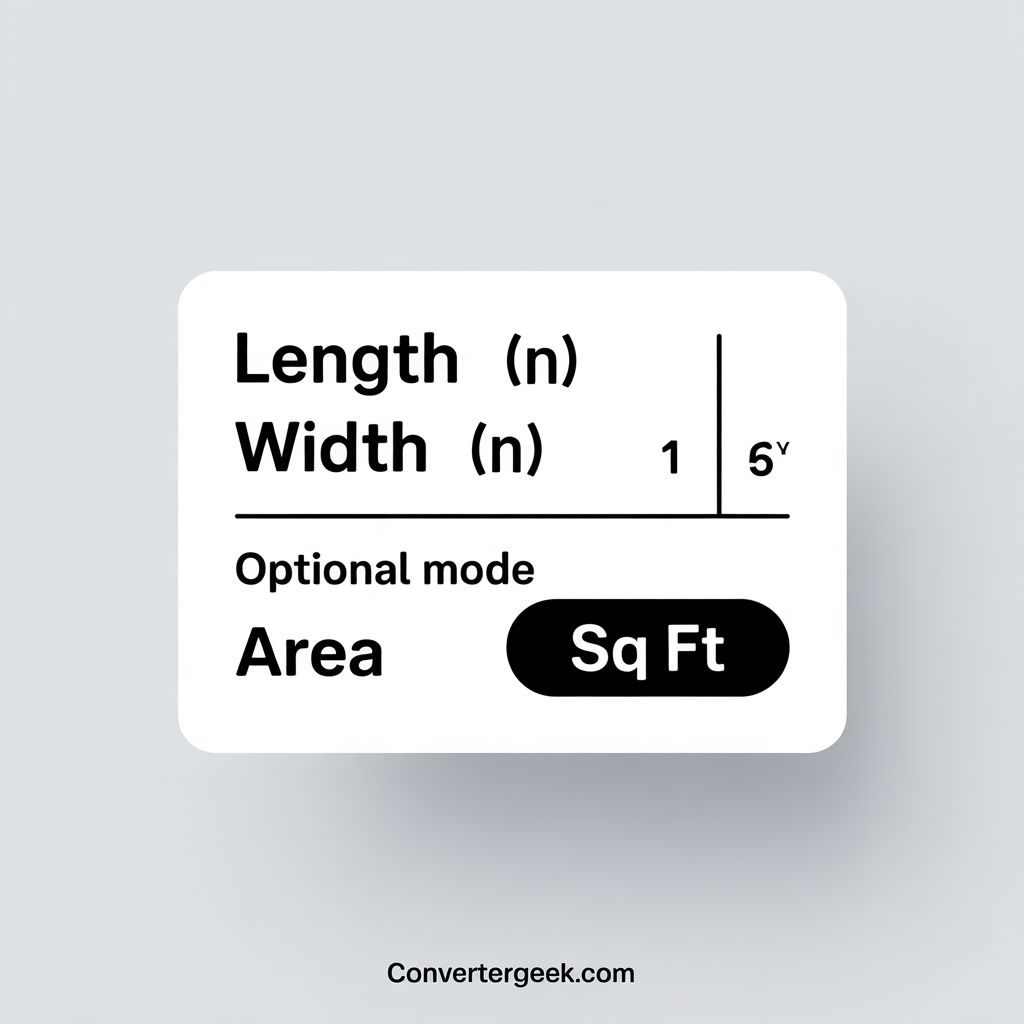 Inputs and outputs table for an inches to square feet calculator showing length, width, and area in sq ft