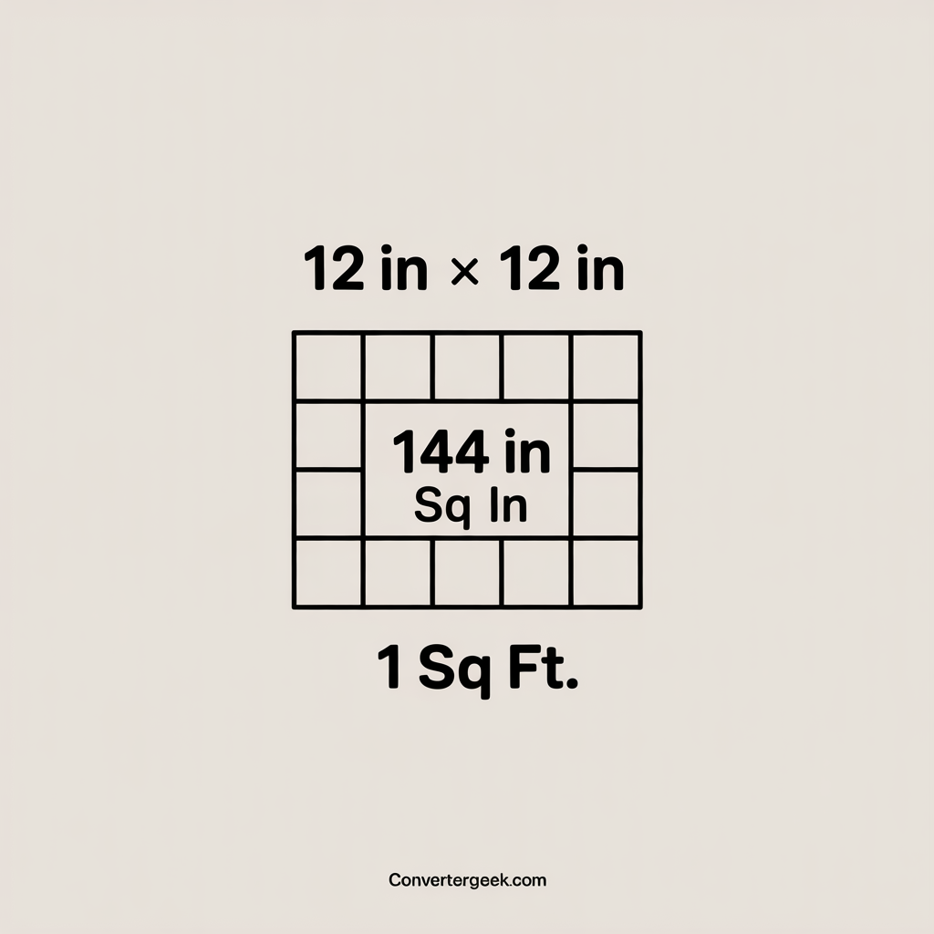 Square inches to square feet conversion chart showing 144 square inches equals 1 square foot