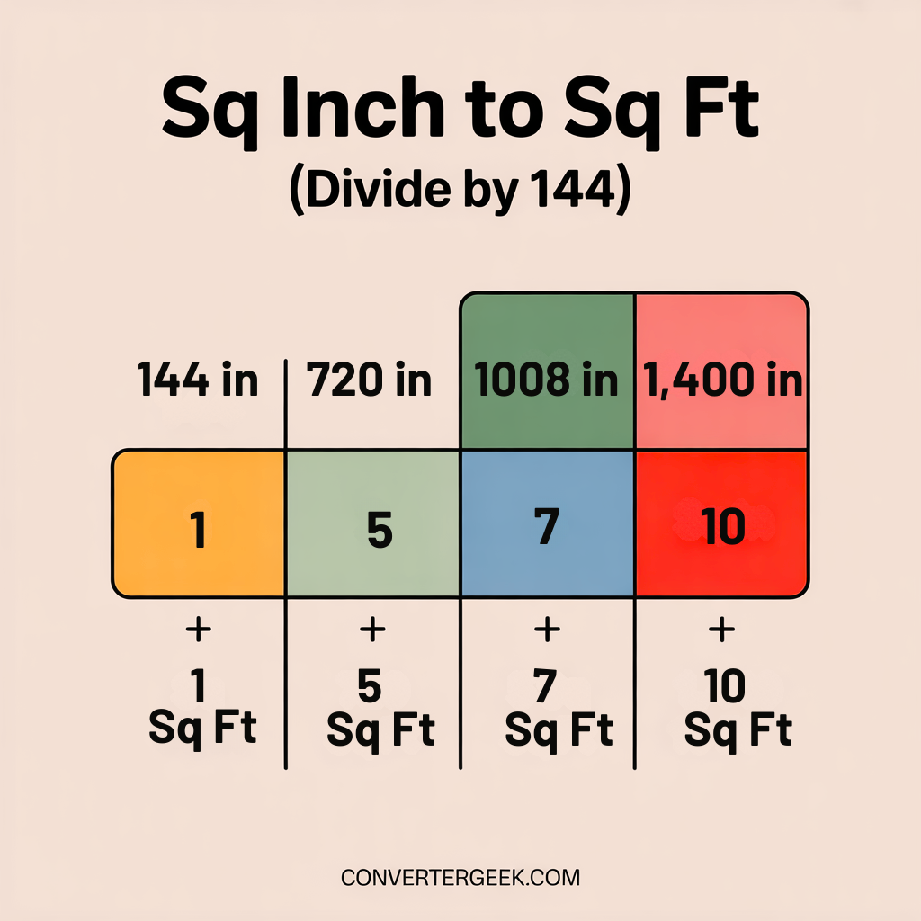Square inches to square feet conversion chart showing the 144 rule with examples
