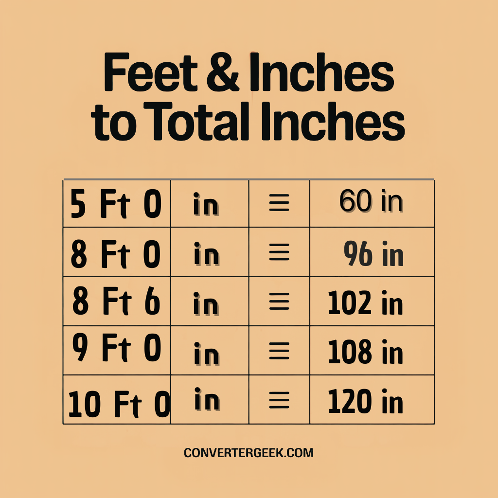 Table showing how to convert feet and inches into total inches for using an inches to square feet calculator