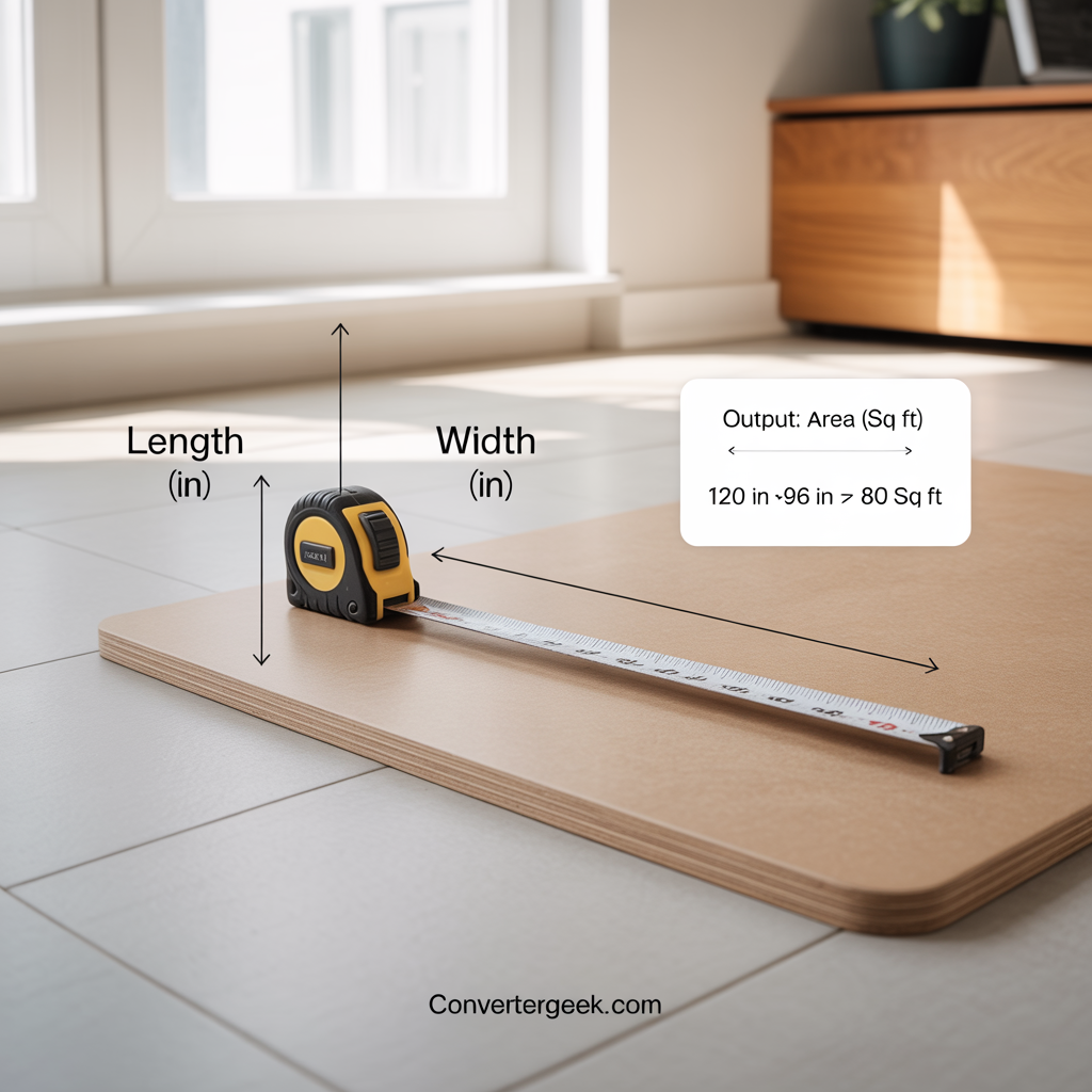 What this inches to square feet calculator does—tape measure showing length and width in inches with output area in square feet (sq ft).