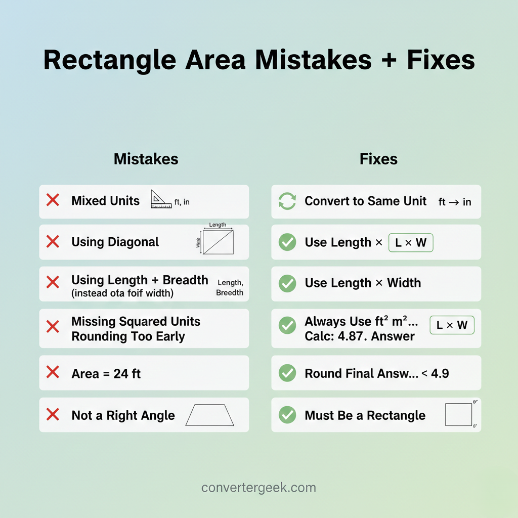 common mistakes for area of a rectangle calculator and quick fixes like unit mismatch diagonal and perimeter confusion
