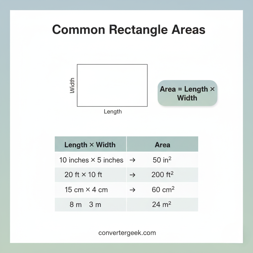 common rectangle area table for area of a rectangle calculator with length width and area results