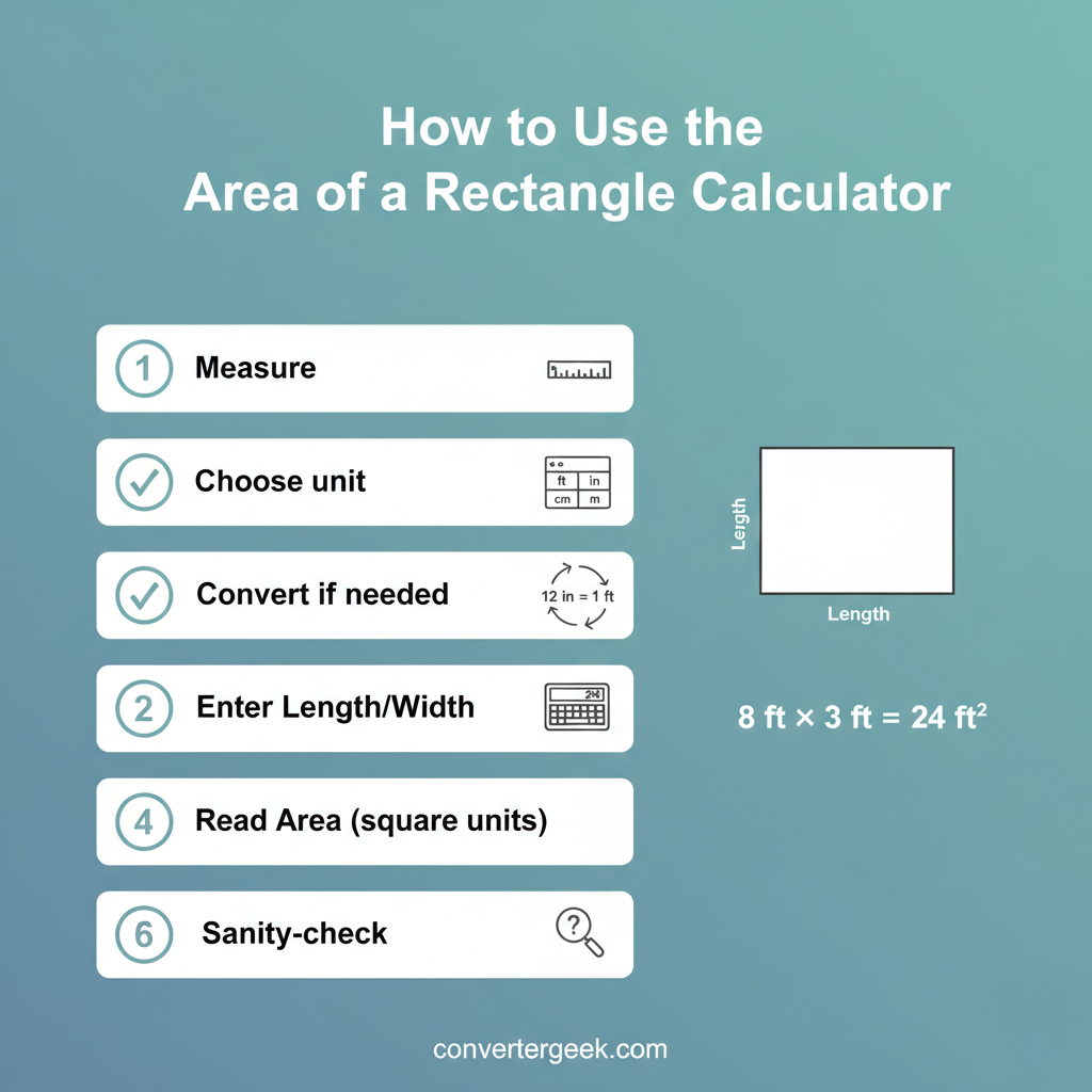 how to use area of a rectangle calculator steps: measure convert enter length width read square units