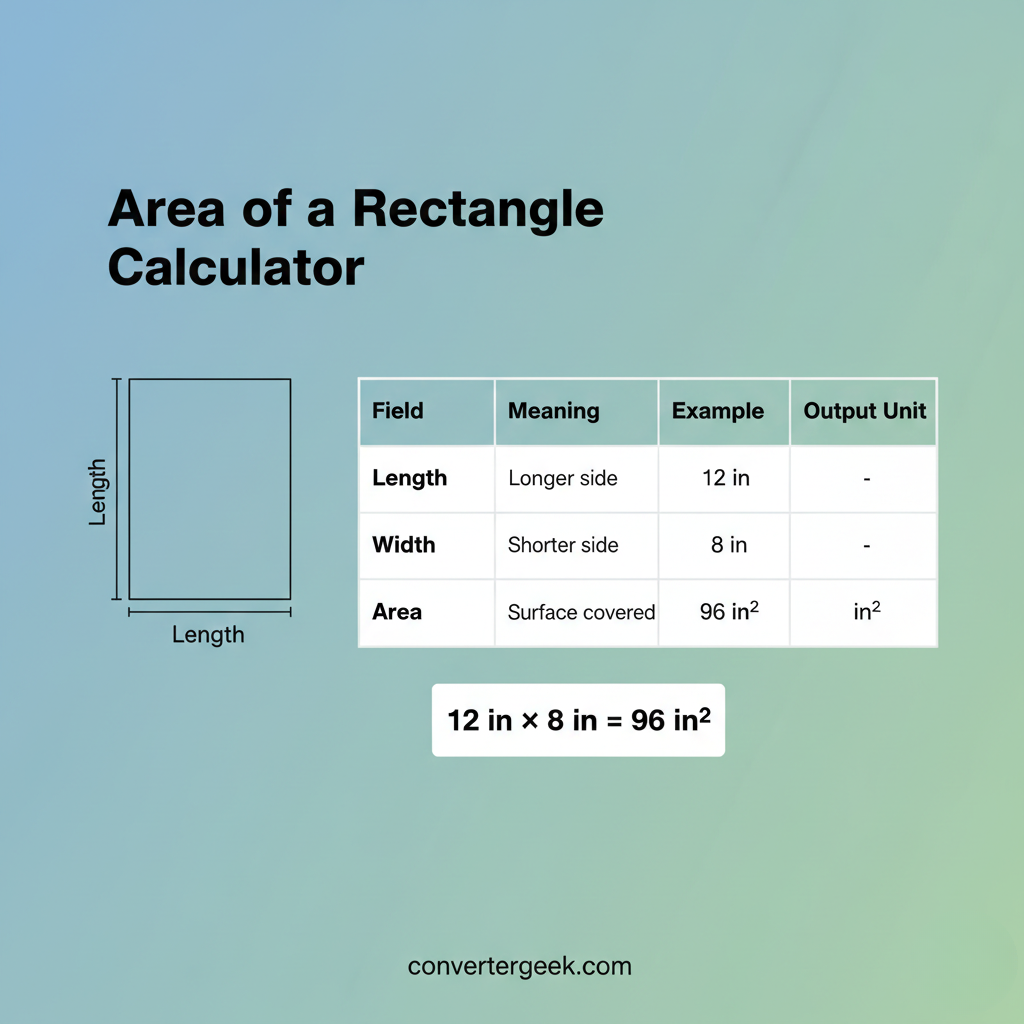 inputs and outputs table for area of a rectangle calculator showing length width and area in square units