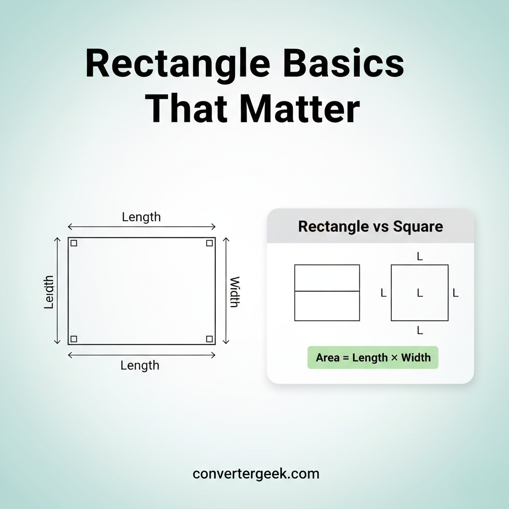 rectangle basics diagram showing right angles length width and square vs rectangle difference