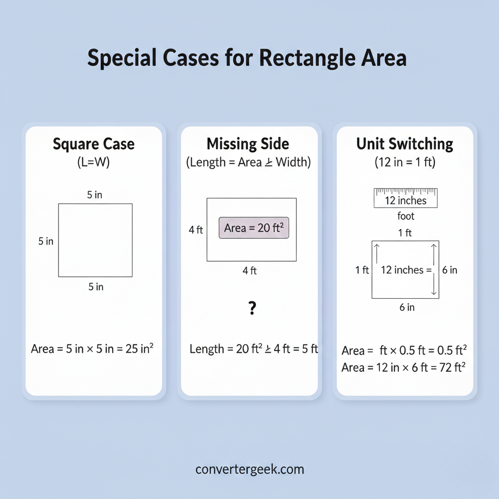 special cases for area of a rectangle: square case missing side and unit conversion inches to feet