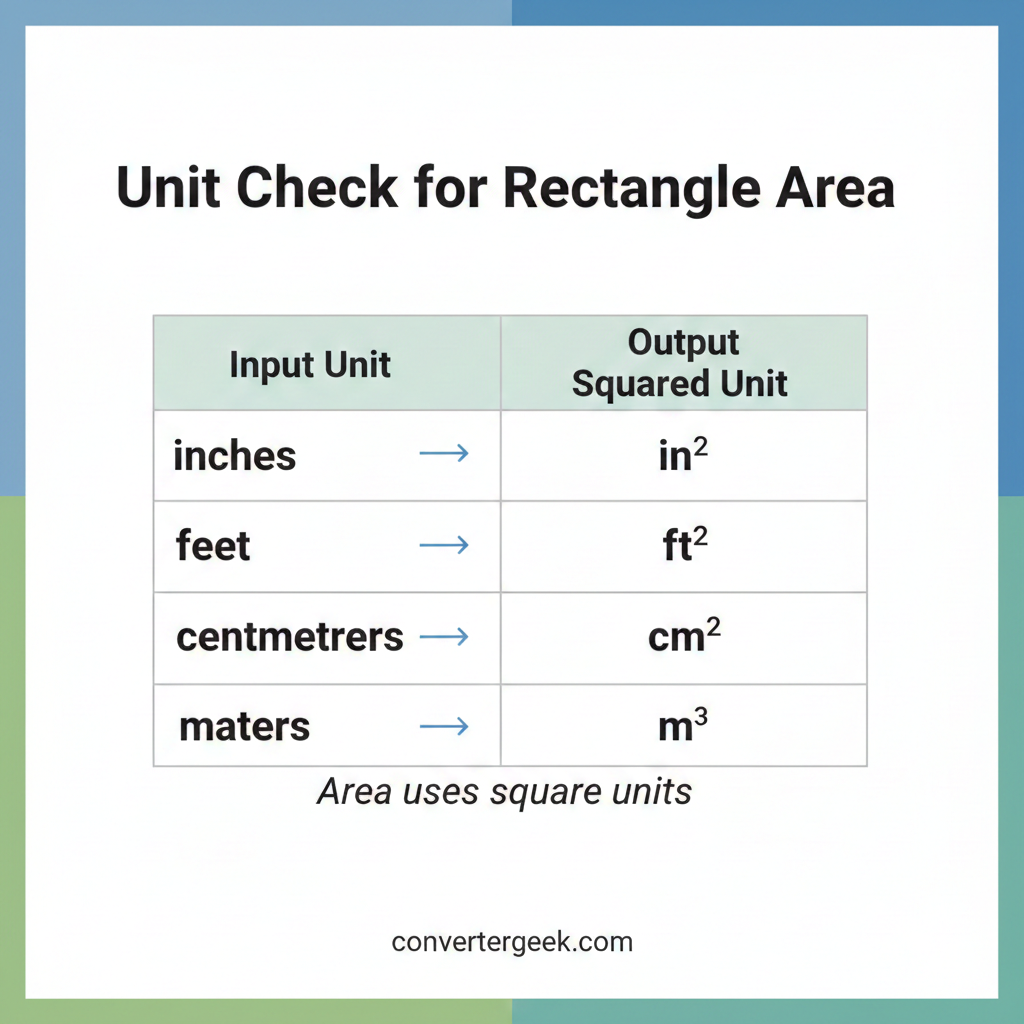 unit check table for area of a rectangle showing squared units for inches feet centimeters and meters
